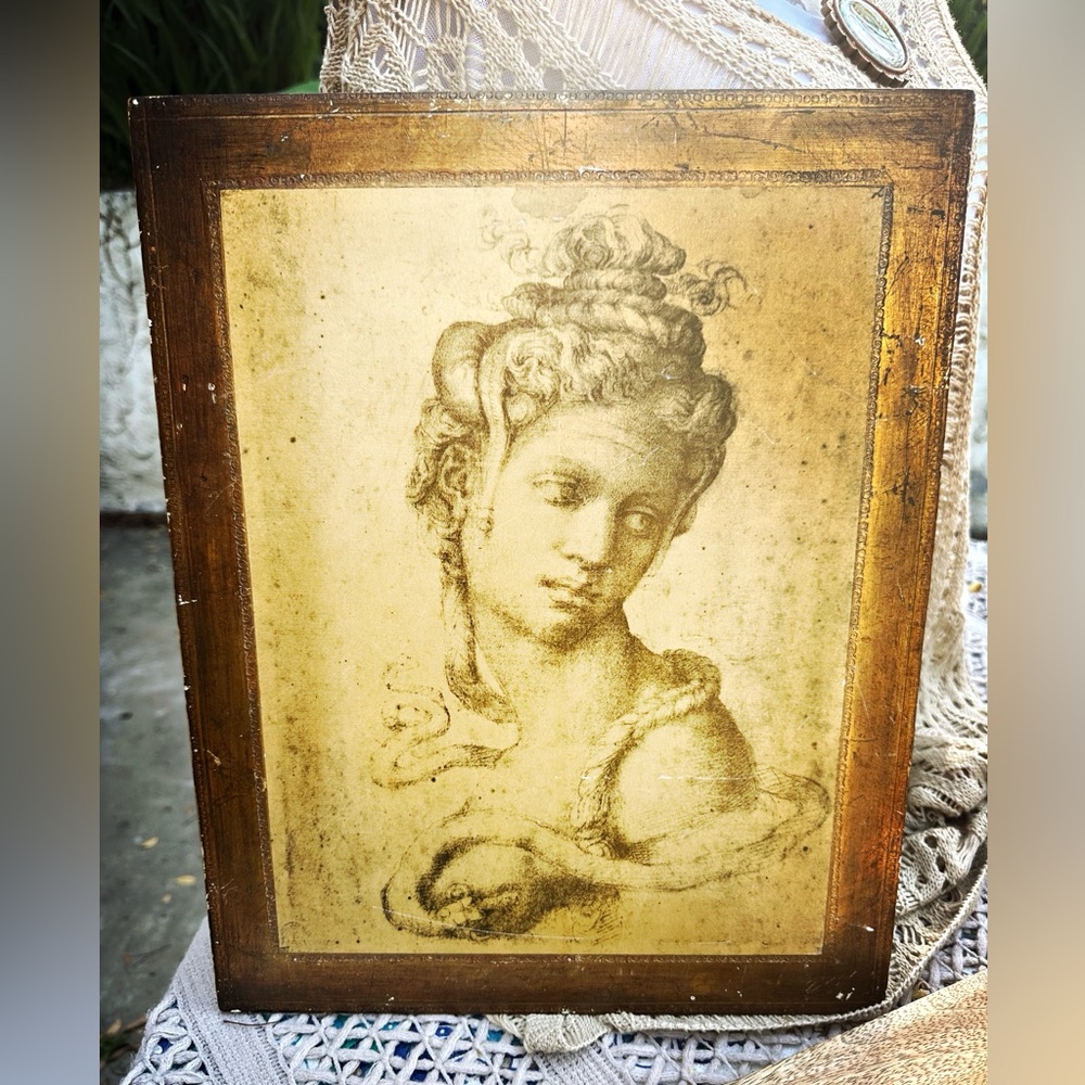 Vintage Art Print with Old Gold Frame, Figurative sketch from Europe